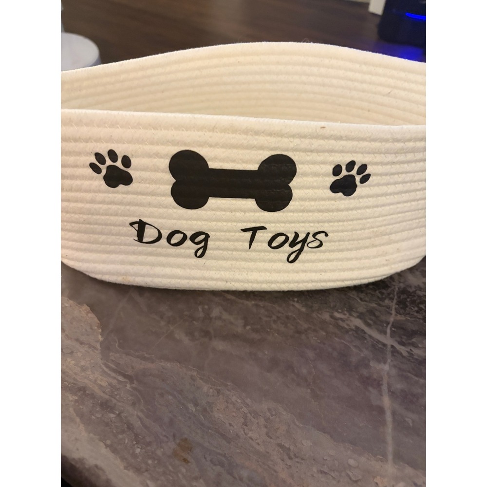 Dog Toy Storage Bin White Rope Bone Paw Print Pet Organizer Basket